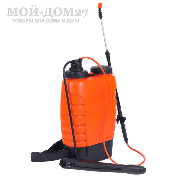 Опрыскиватель ранцевый 15 л. ЖУК классик (ОГ-112) | Мой-Дом27 | Бак, объемом 15 л, позволяет обрабатывать большие по площади участки, а универсальная конструкция предусматривает возможность переоборудования опрыскивателя для работы как правой, так и левой рукой.<br>
 Удобные плечевые ремни снимают напряжение в спине во время работы.<br>
 Расход рабочей жидкости 0,6-0,8 л/мин<br>
Регулировка распыла: от струи до тумана